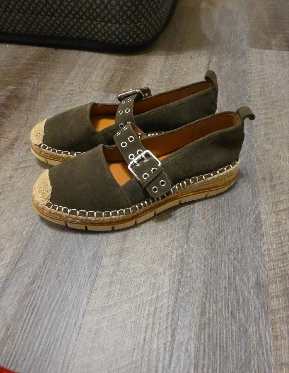 MIA Olive Green Suede Espadrille Mary Jane with Studded Buckle